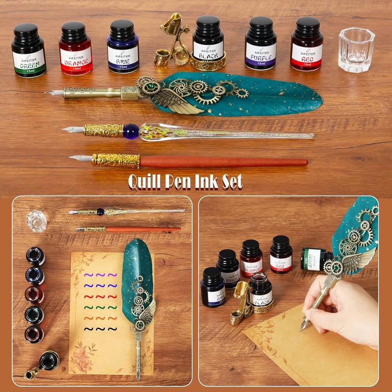 Aifeiter Quill Pen Feather Calligraphy Pen and Ink Set,Wax Seal Stamp Set,includes Quill Pen,Glass Dipping Pen,Wooden Dipping Pen,6 Bottles of Ink,8 Sheets of Writing Paper,Envelope-Green - Image 2